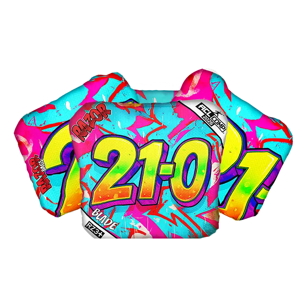 Colorful cornhole bags with 'Lazor' and '21-07' text on a white background