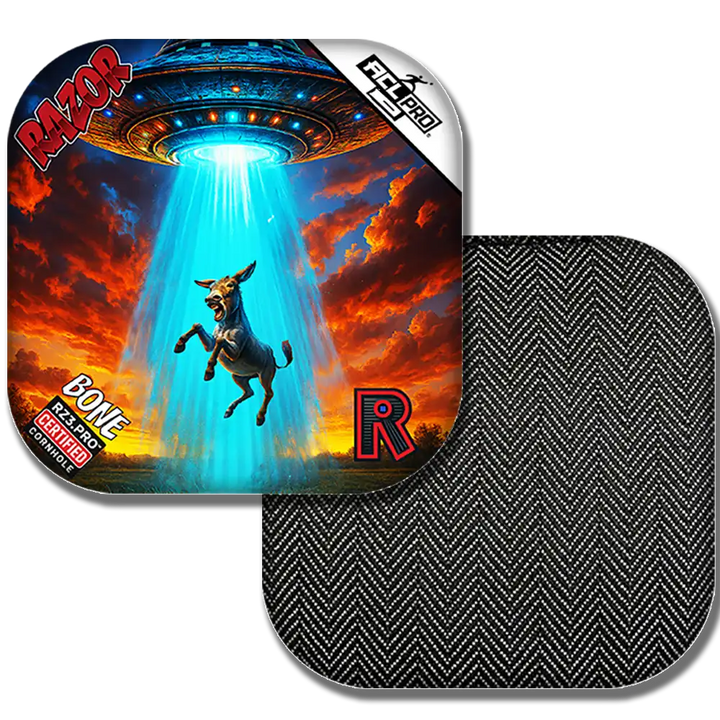 Cornhole bags with a UFO and donkey design on one side, and a textured black surface on the other, featuring Razor branding.