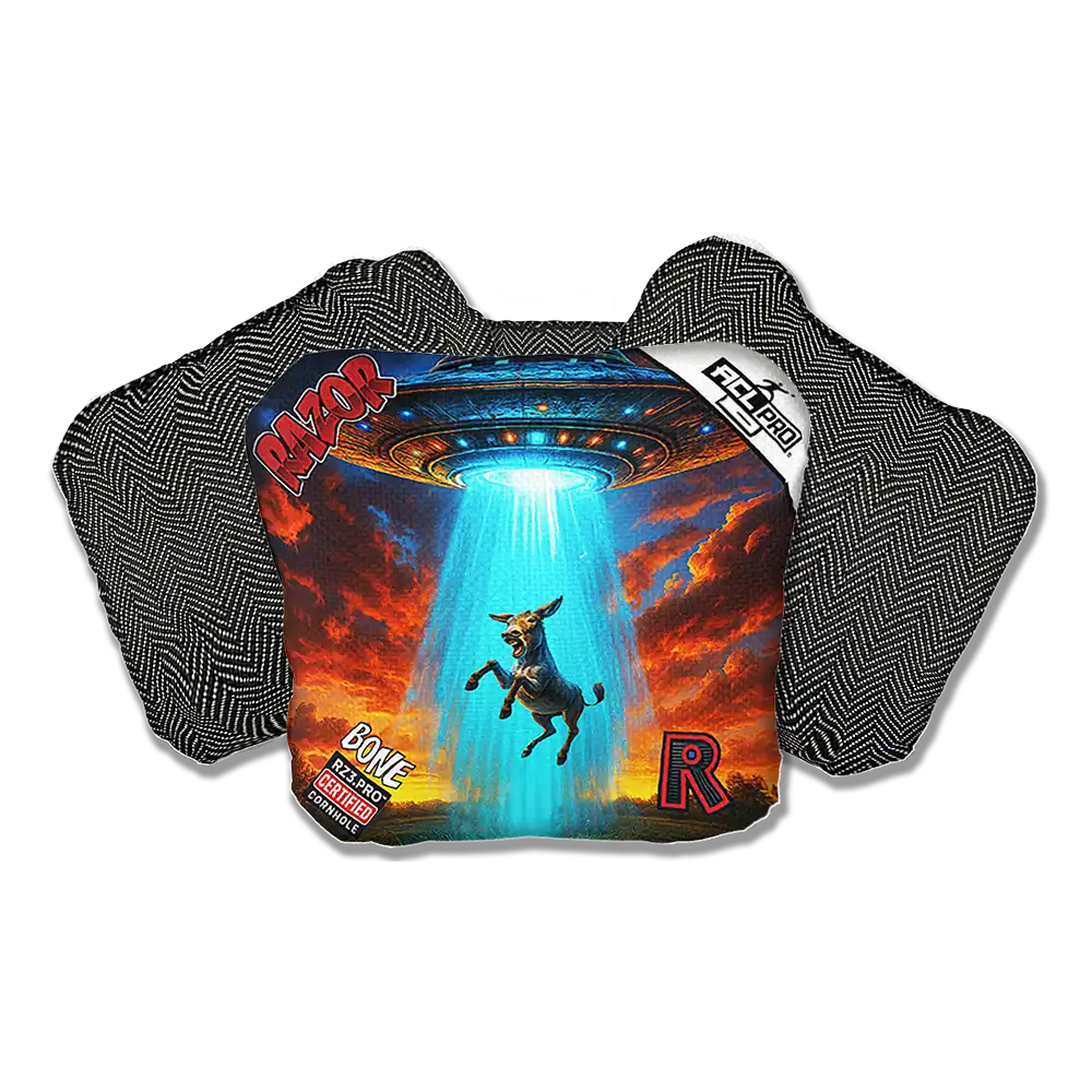 Cornhole bags with graphic design featuring a donkey, UFO, and text on a white background