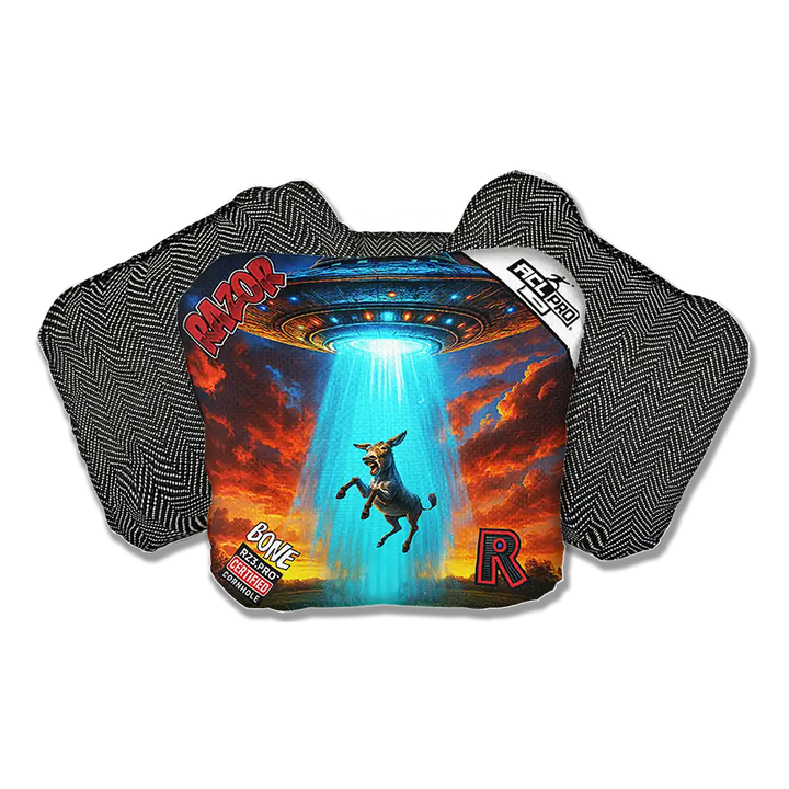 Cornhole bags with graphic design featuring a donkey, UFO, and text on a white background