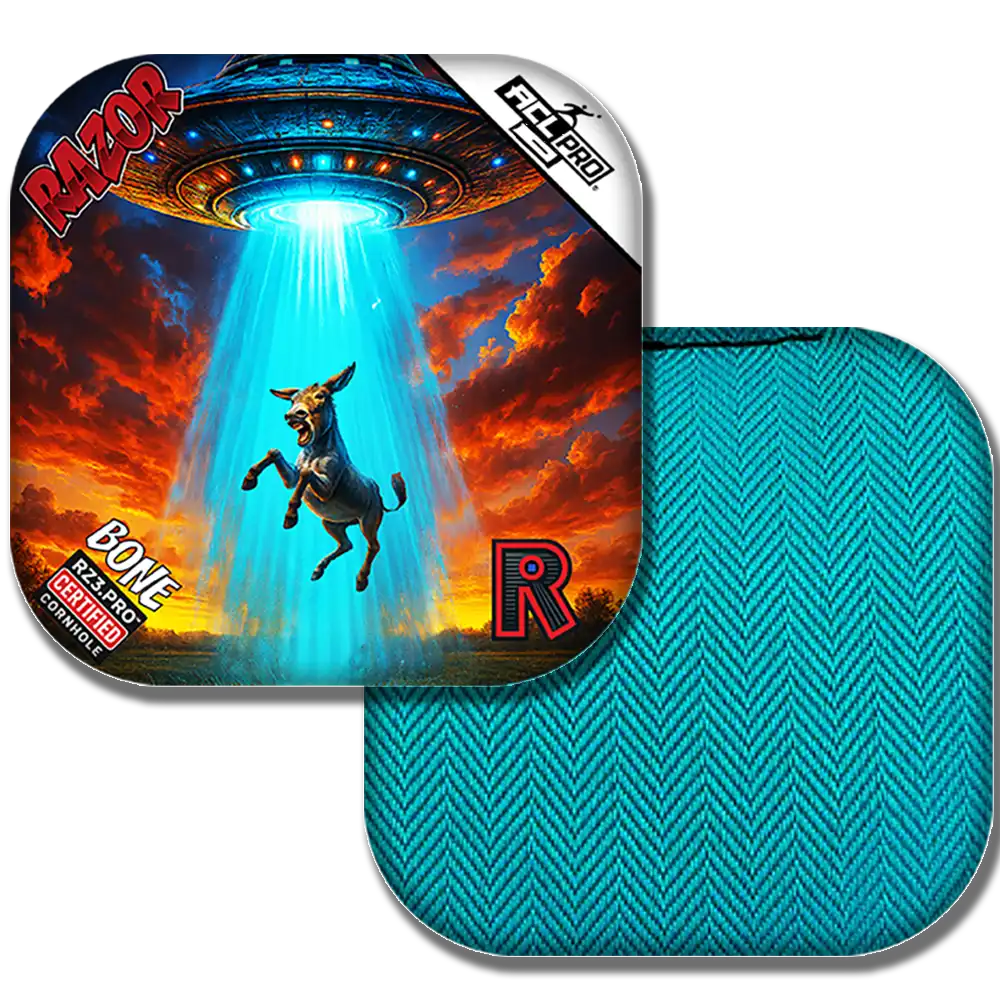 Cornhole bags with a donkey and UFO design on a colorful background