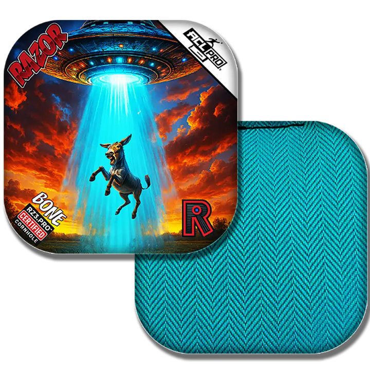 Cornhole bags with a donkey and UFO design on a colorful background