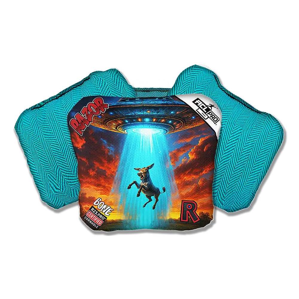 Teal Cornhole bags with graphic design featuring a donkey and UFO on a white background