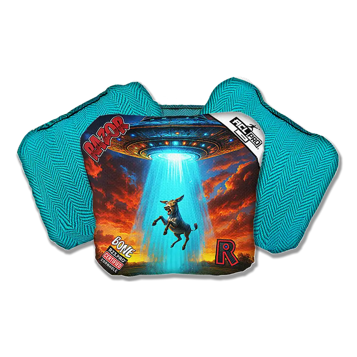 Teal Cornhole bags with graphic design featuring a donkey and UFO on a white background