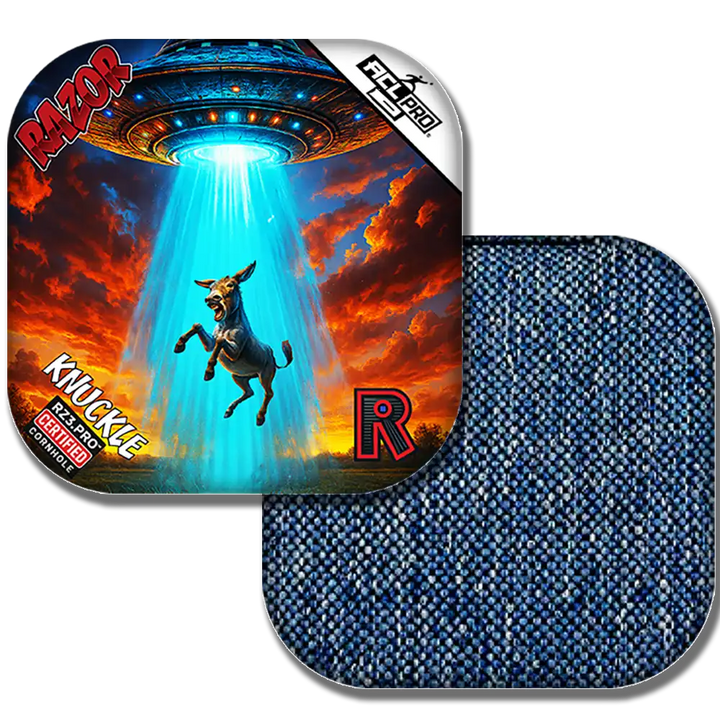 Knuckle Razor packaging with a donkey and UFO design on a white background
