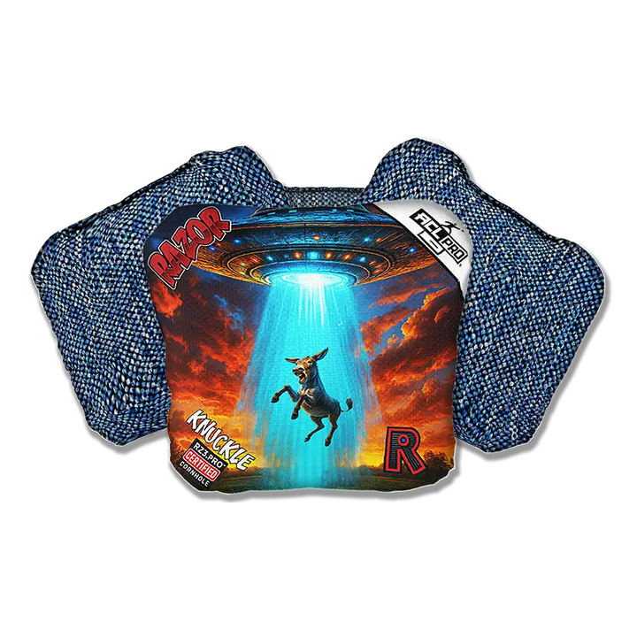 Cornhole bags with a graphic design featuring a dog and UFO on a white background
