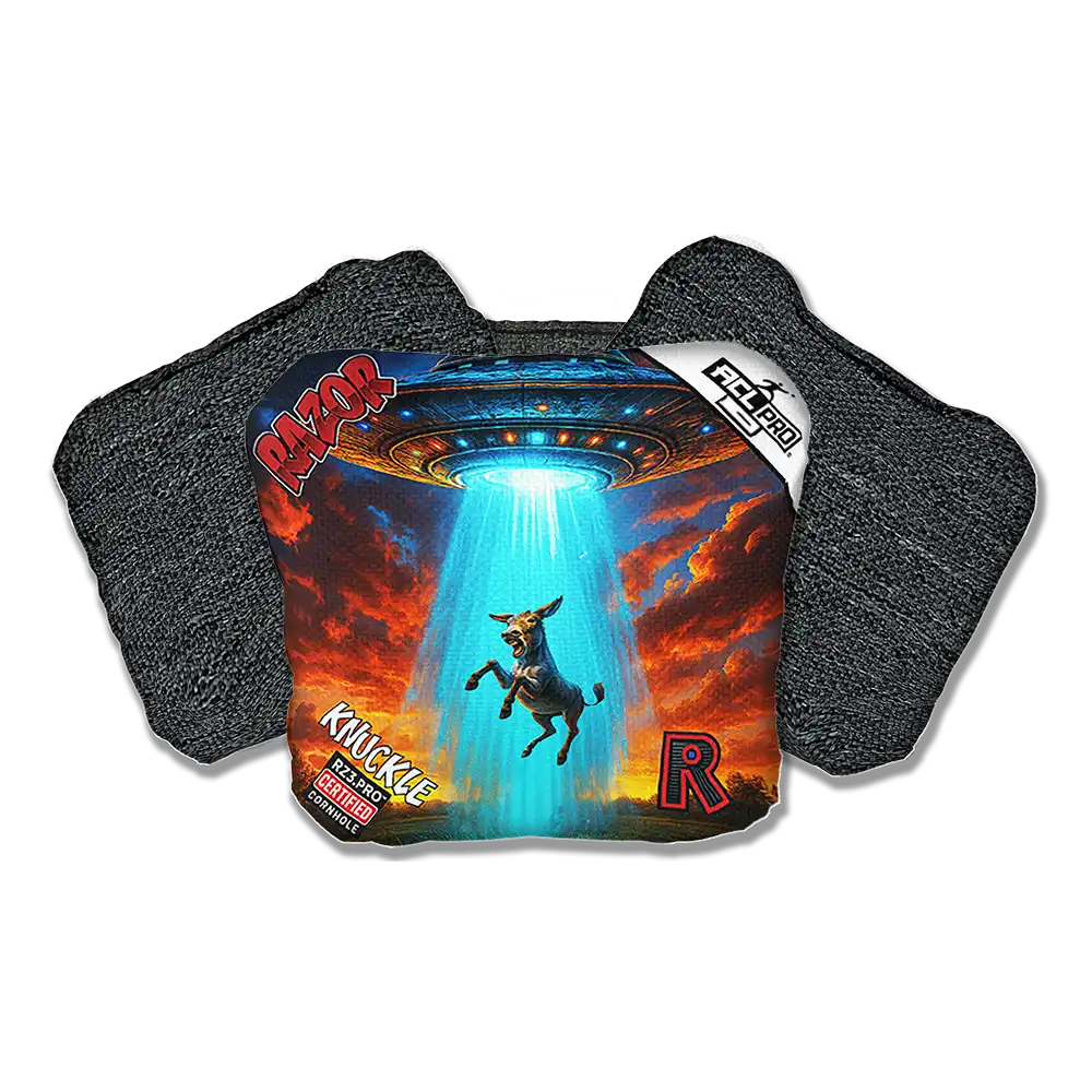 Cornhole bags with a graphic design of a donkey and UFO, featuring the brand 'Razor'.