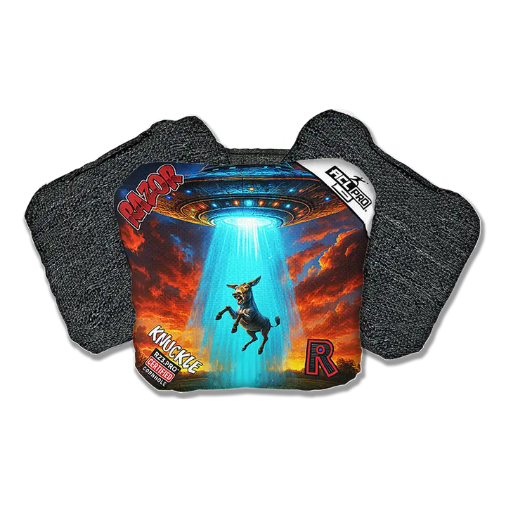 Cornhole bags with a graphic design of a donkey and UFO, featuring the brand 'Razor'.