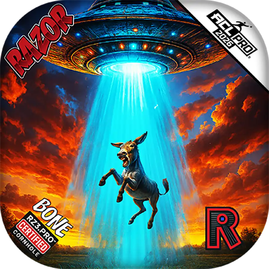 Donkey being abducted by a UFO with 'Razor' branding and colorful sky.