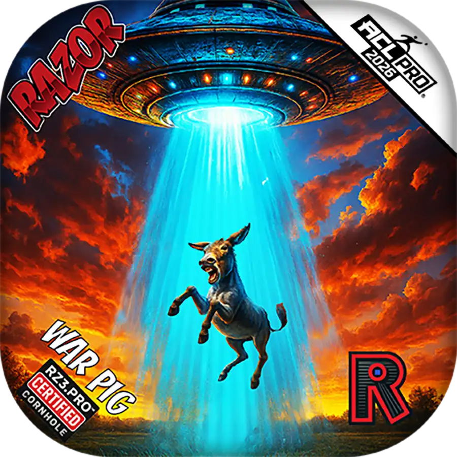 Futuristic alien spaceship with a donkey creature under a beam of light, set against a dramatic sky.