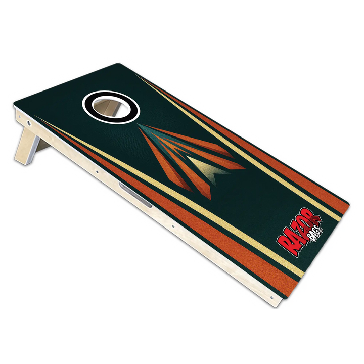 Cornhole board with a design featuring a logo and text on a white background