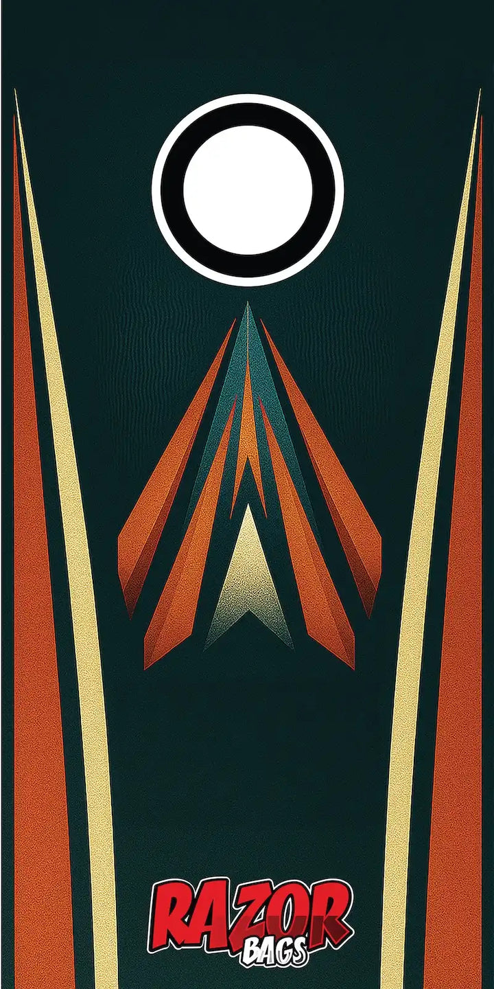 Cornhole bag with a geometric design and 'Razor Bags' branding on a dark background