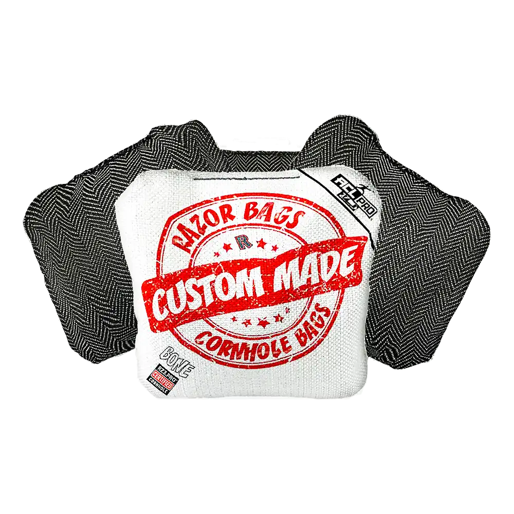 Two cornhole bags with 'Razor Bags' branding on a white background