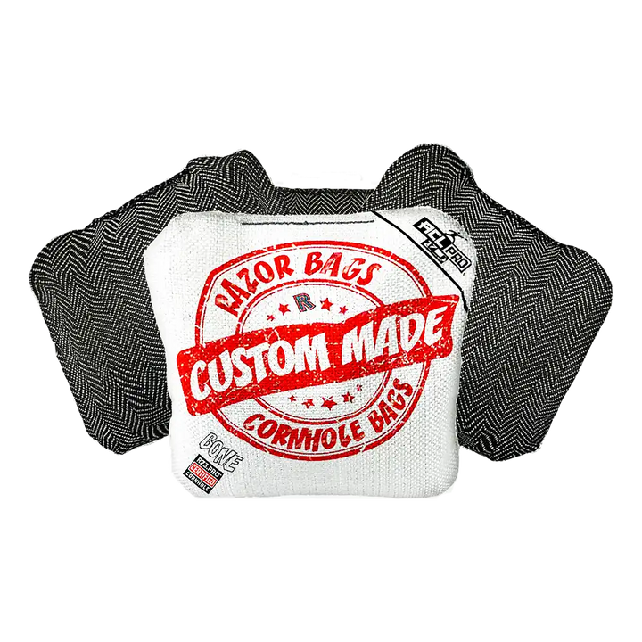 Two cornhole bags with 'Razor Bags' branding on a white background