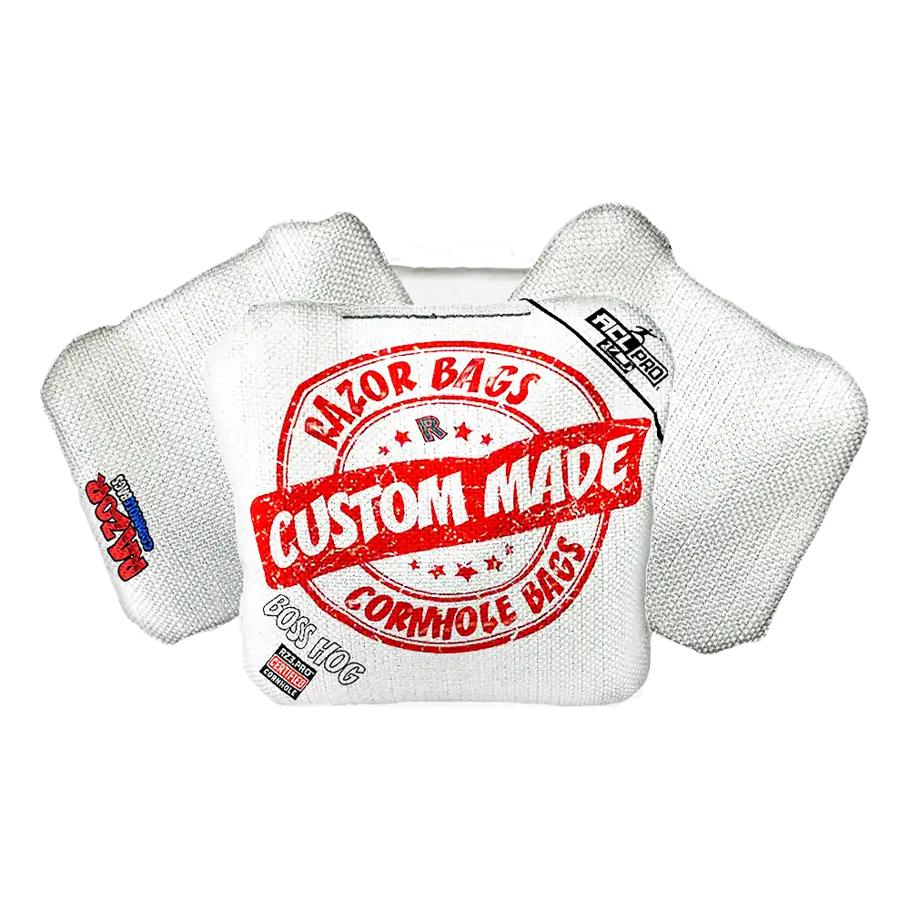 Cornhole bags with 'Razor Bags' and 'Custom Made' text on a white background