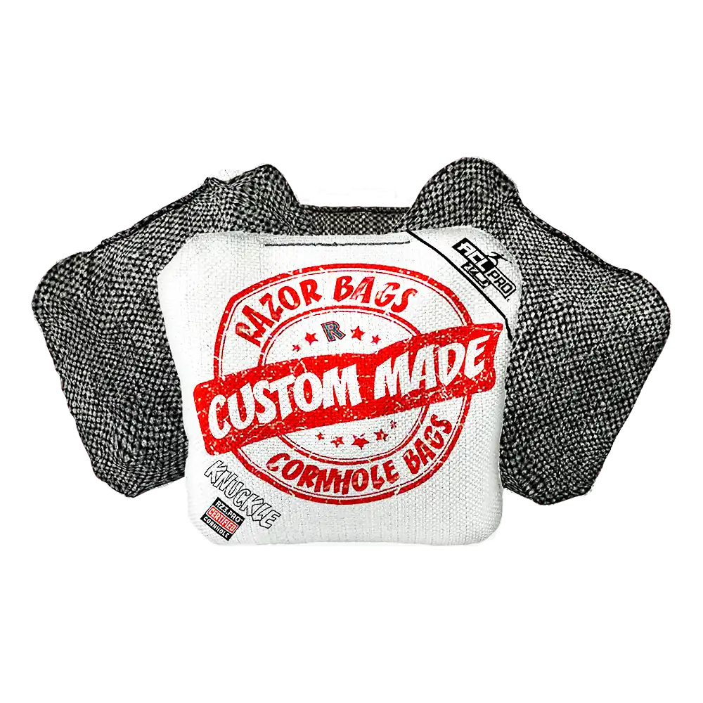 Cornhole bags with 'Custom Made' and 'Razor Bags' branding on a white background