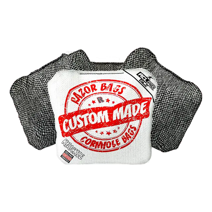 Cornhole bags with 'Custom Made' and 'Razor Bags' branding on a white background