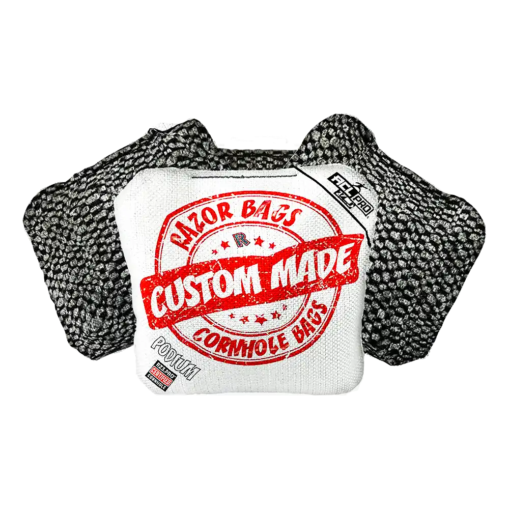 Cornhole bag with 'Razor Bags' branding on a white background