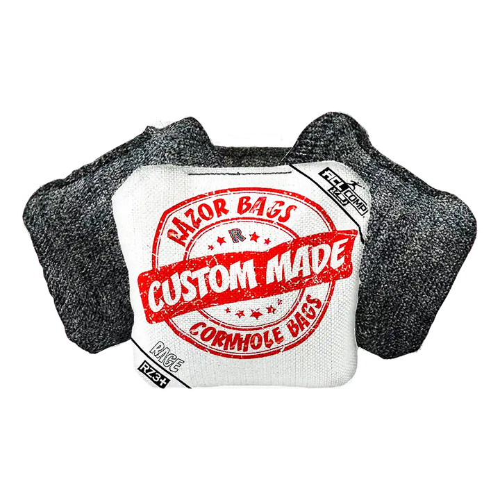 Two cornhole bags with 'Razor Bags' branding on a white background