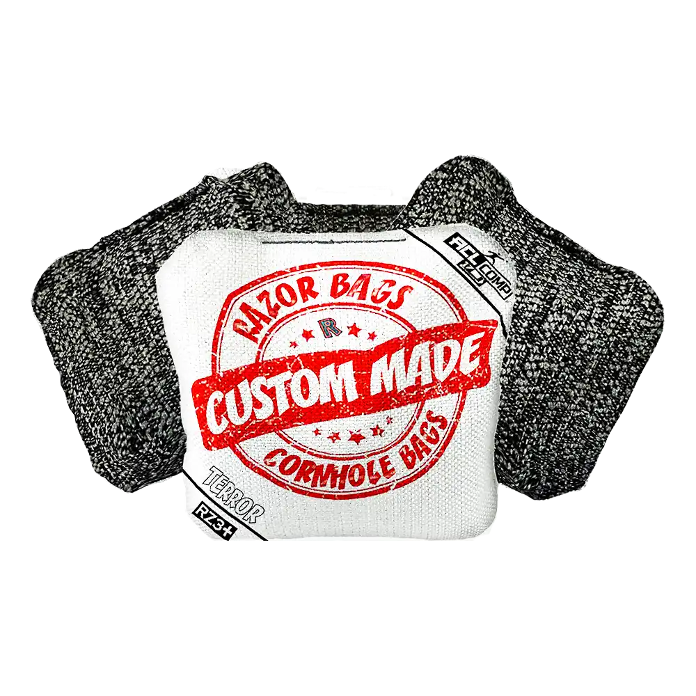 Cornhole bag with 'Razor Bags' branding on a white background