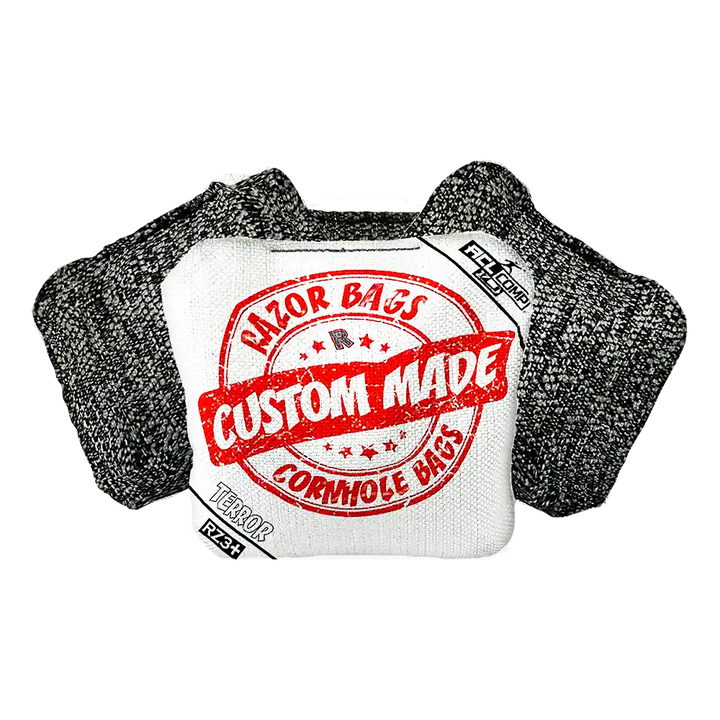 Cornhole bag with 'Razor Bags' branding on a white background