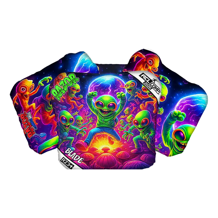 Colorful alien-themed cornhole bag with vibrant colors on a white background