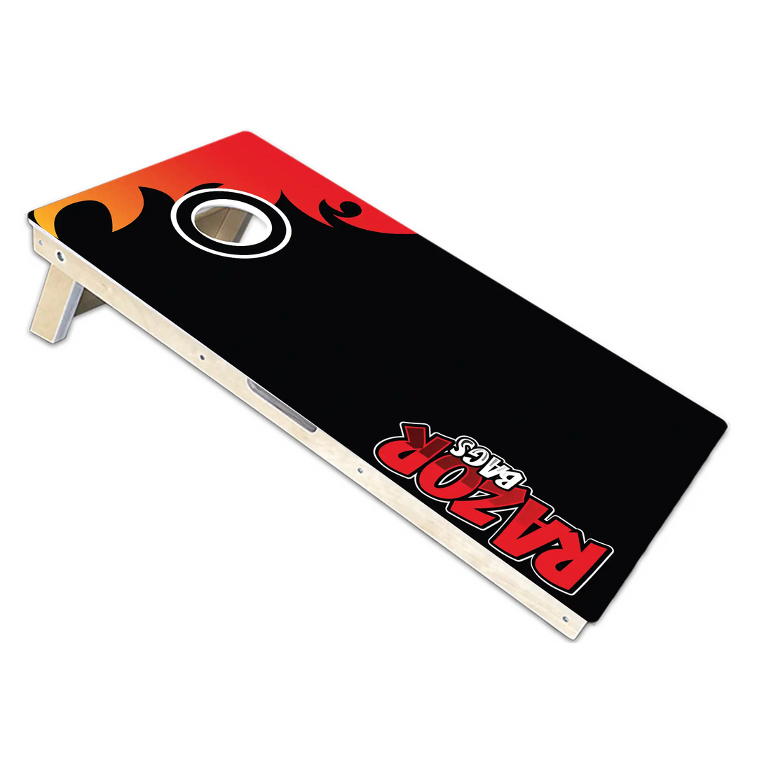 Cornhole board with red and black design on a white background