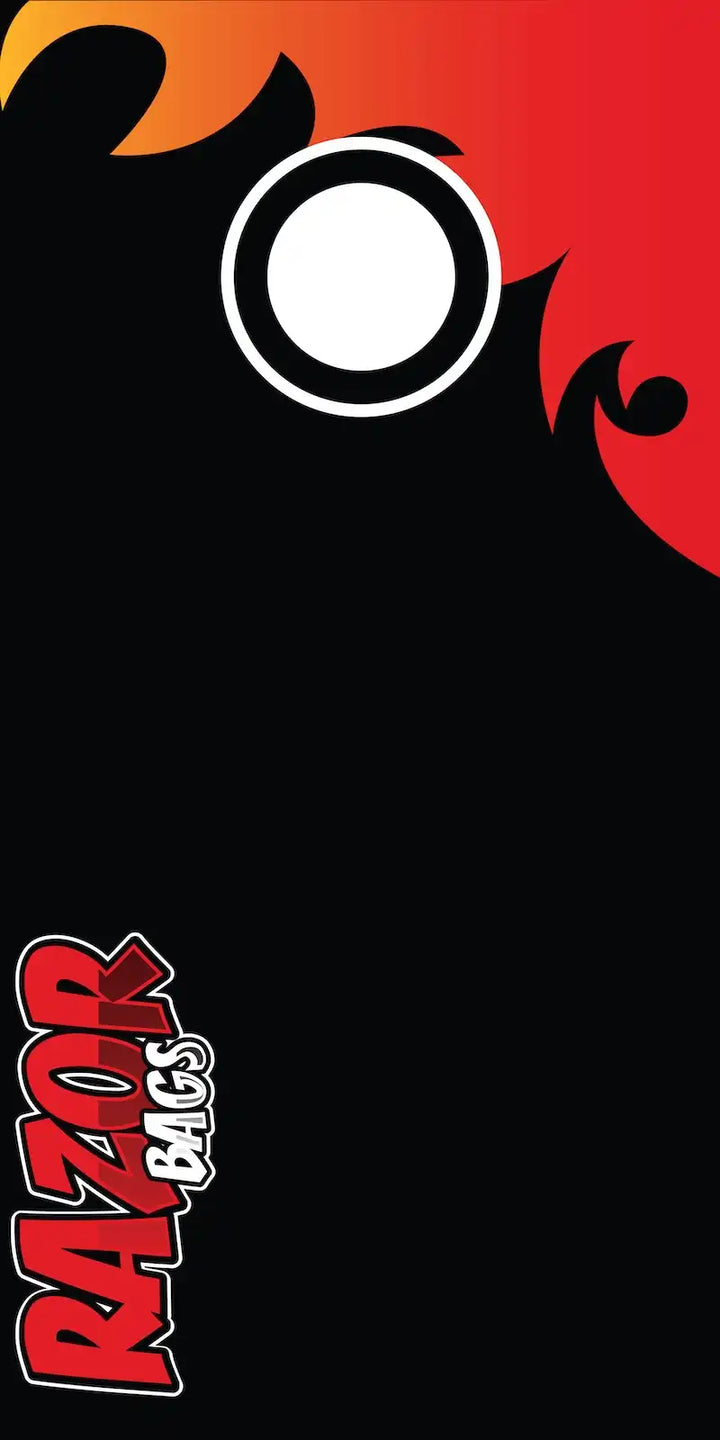 Black bag with orange flames and a white circle, featuring the Razor Bags logo.