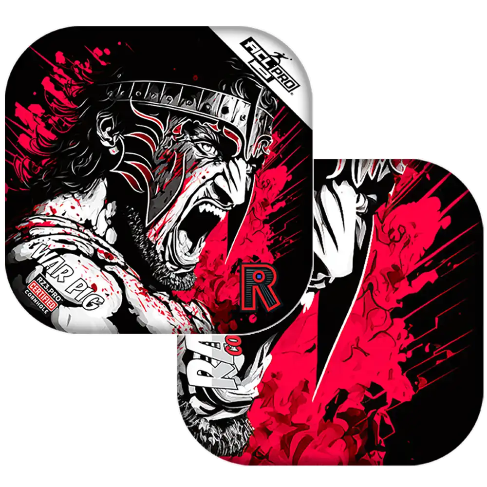 Cornhole bags with a stylized character design on a black background