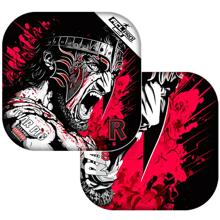 Cornhole bags with a stylized character design on a black background