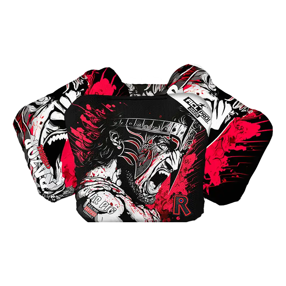 Colorful Cornhole bags with graphic design on a black background