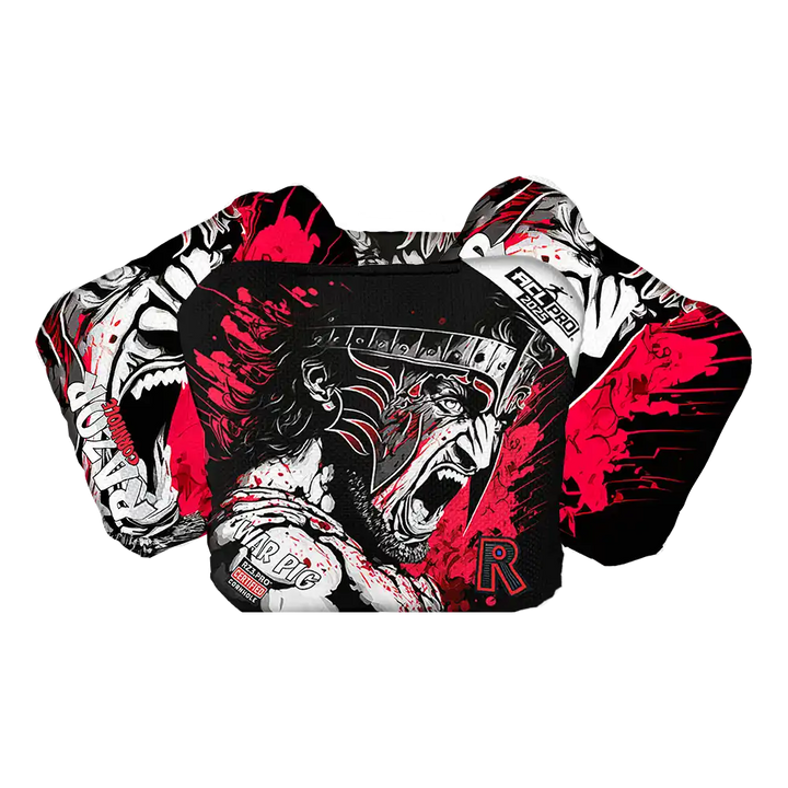 Colorful Cornhole bags with graphic design on a black background