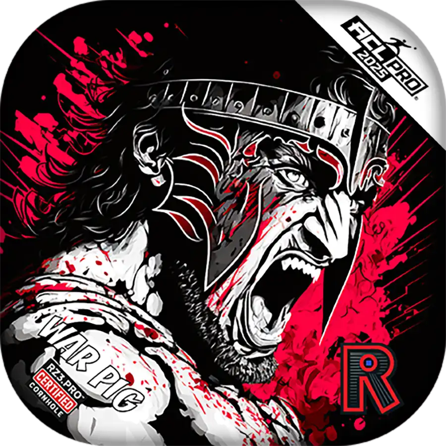 Cornhole bags with a Stylized illustration of a warrior with a helmet and beard, surrounded by red and black abstract designs.