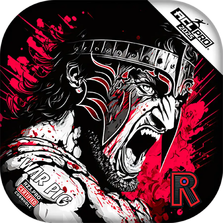 Cornhole bags with a Stylized illustration of a warrior with a helmet and beard, surrounded by red and black abstract designs.