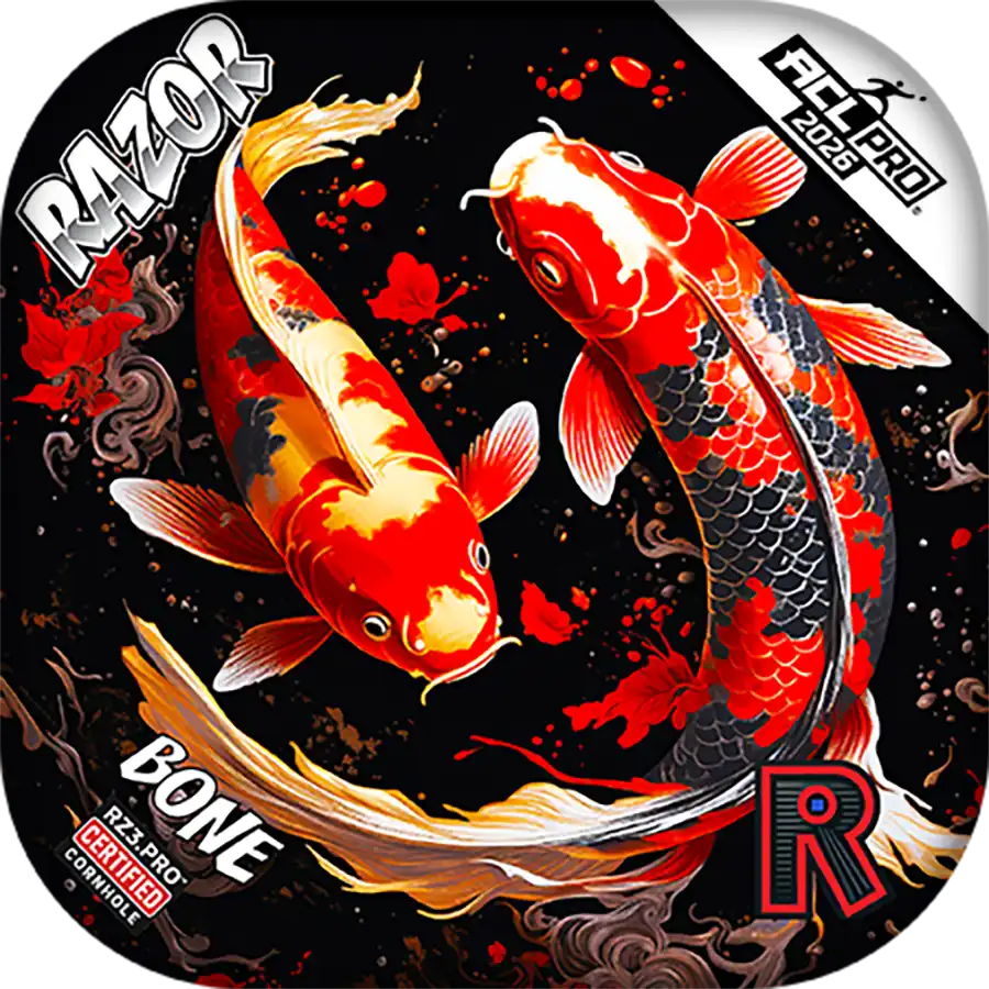 Koi fish design on cornhole bages with 'RAZOR' and 'BONE' branding.