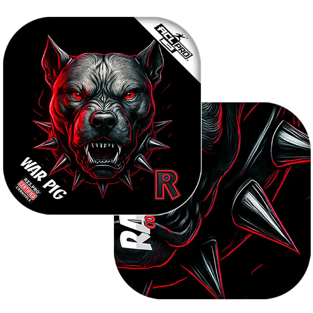Cornhole bags with a graphic of a dog and the brand 'R' on a black background.