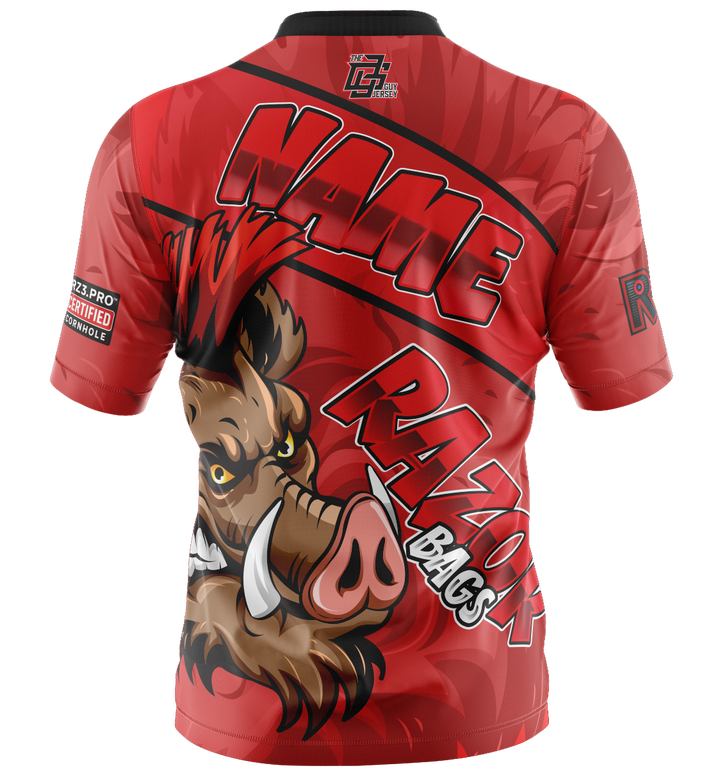 Red sports jersey with a boar graphic and text on a white background