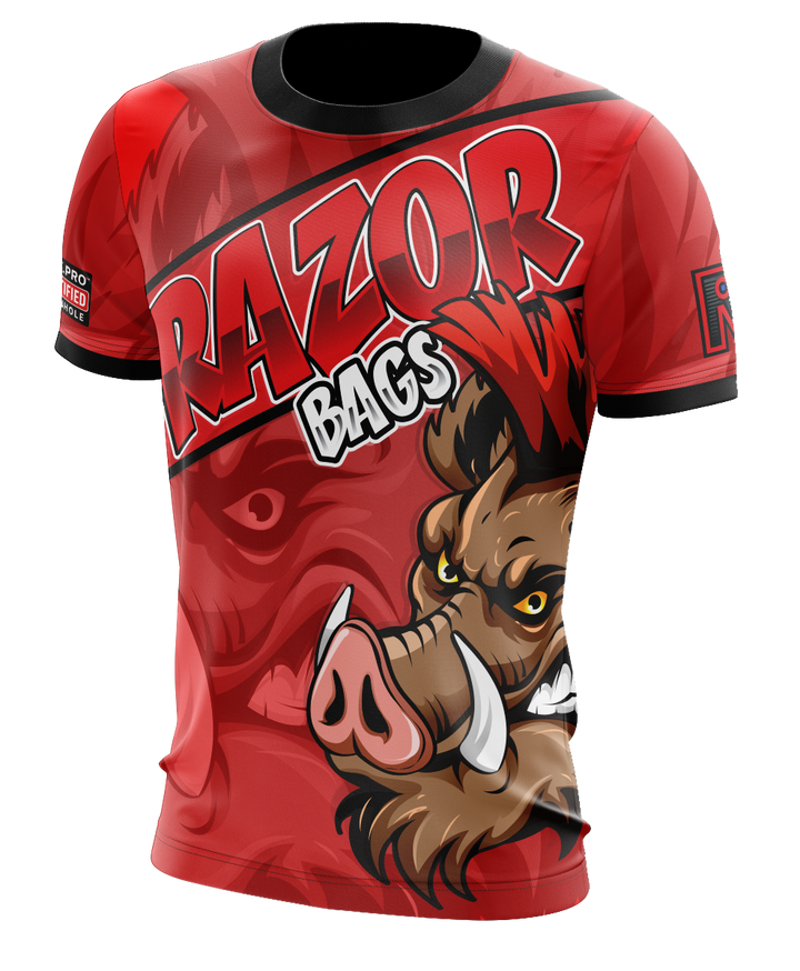 Red t-shirt with a boar graphic and 'RAZOR BAGS' text on a white background