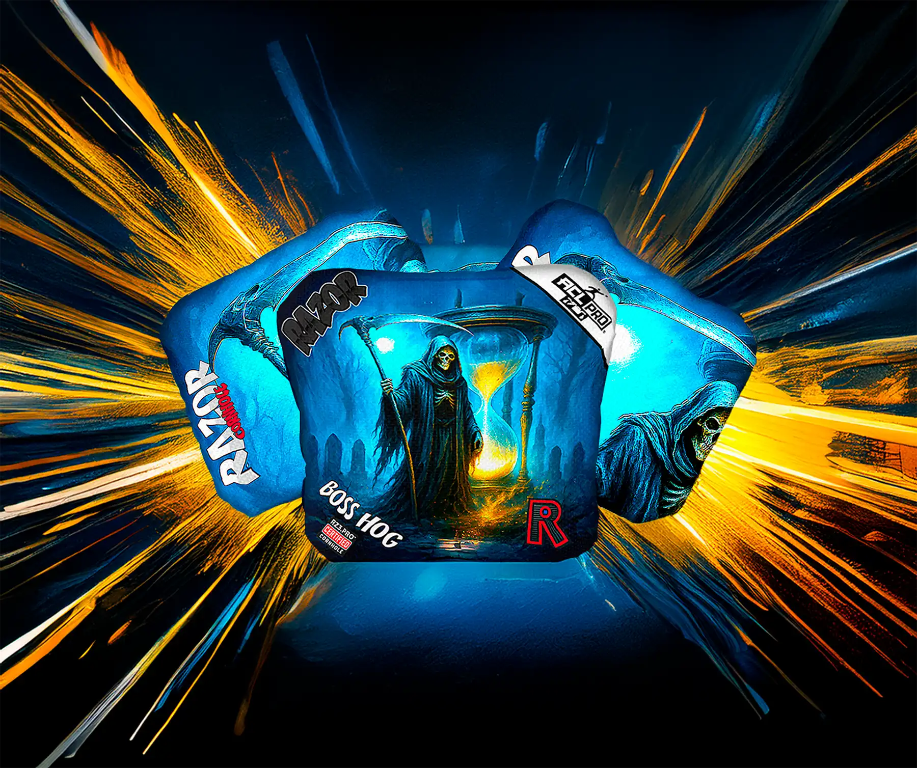 Cornhole bags with 'Razor' branding against a dark background with dynamic yellow and blue light effects.