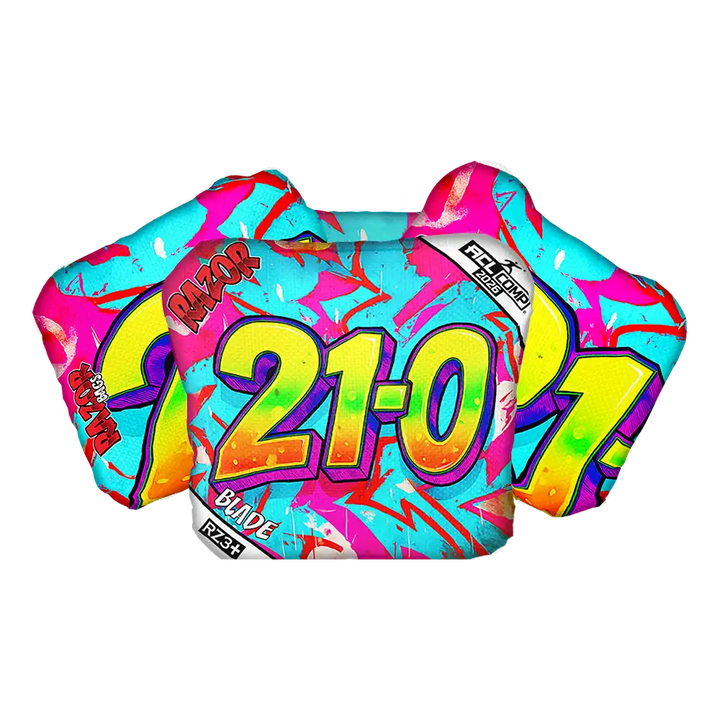 Colorful cornhole bags with 'Lazor' and '21-07' text on a white background