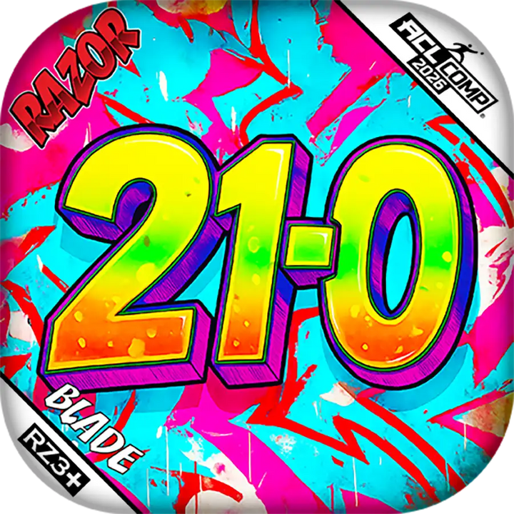 Colorful cornhole bag with '21-0' and 'Razor' branding on a vibrant background