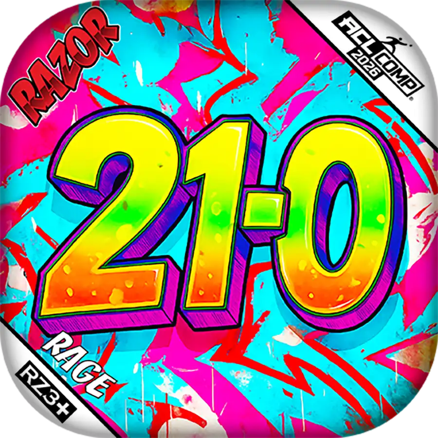 Colorful cornhole bag with 'RAZOR' and '21-0' text on a vibrant background