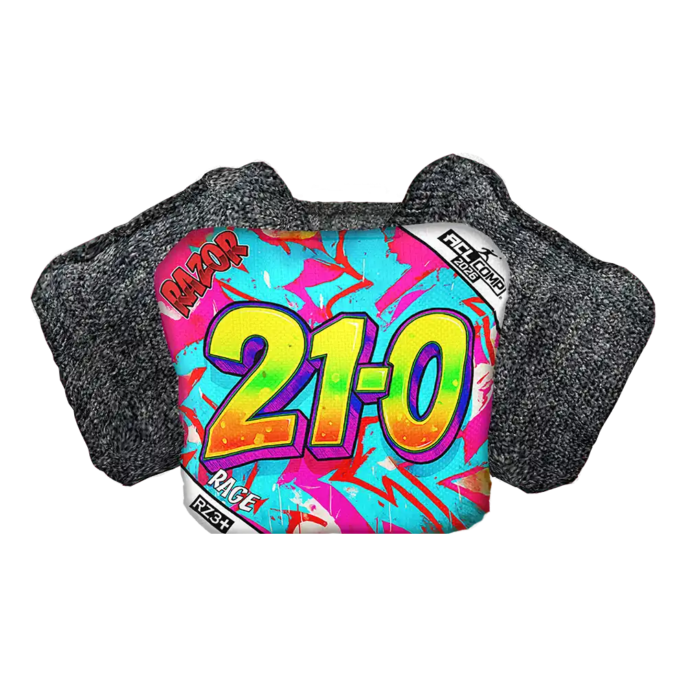 Colorful cornhole bag with '21-0' and 'Razor Race' text on a white background