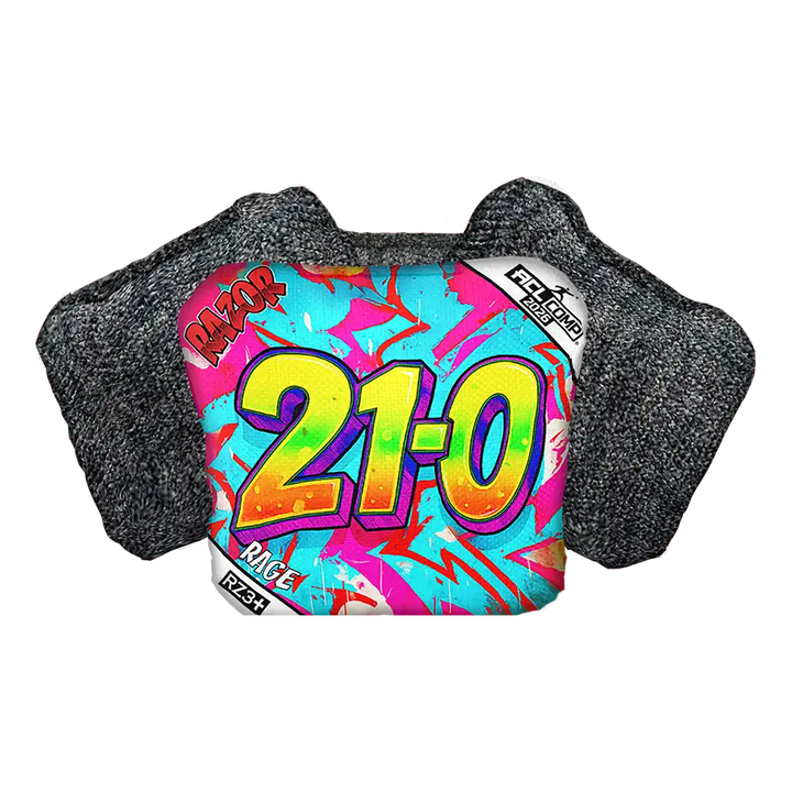 Colorful cornhole bag with '21-0' and 'Razor Race' text on a white background