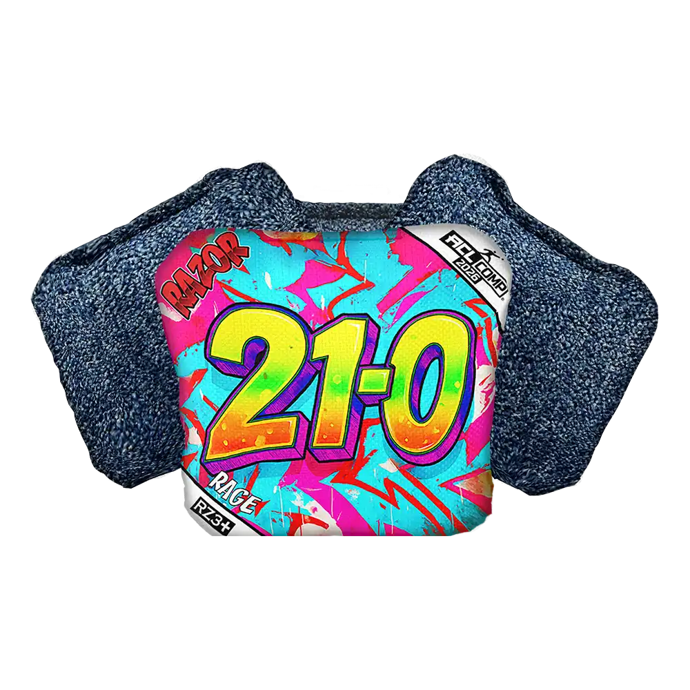 Colorful cornhole bag with '21-0' and 'Razor' branding on a white background