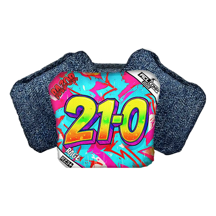 Colorful cornhole bag with '21-0' and 'Razor' branding on a white background