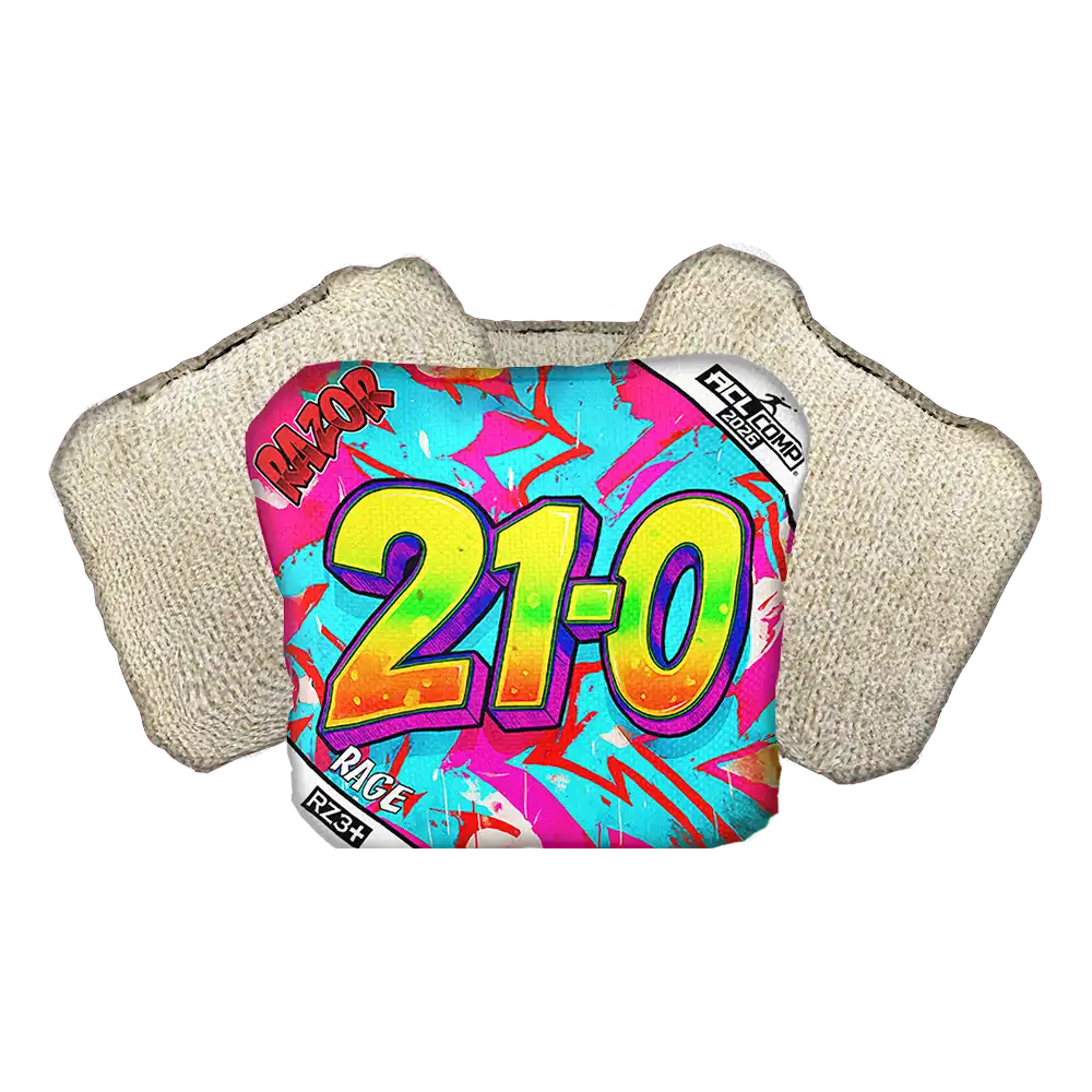 Colorful cornhole bag with '21-0' text and 'Razor' branding on a white background