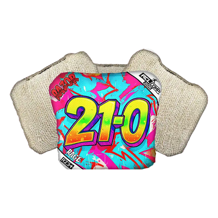 Colorful cornhole bag with '21-0' text and 'Razor' branding on a white background