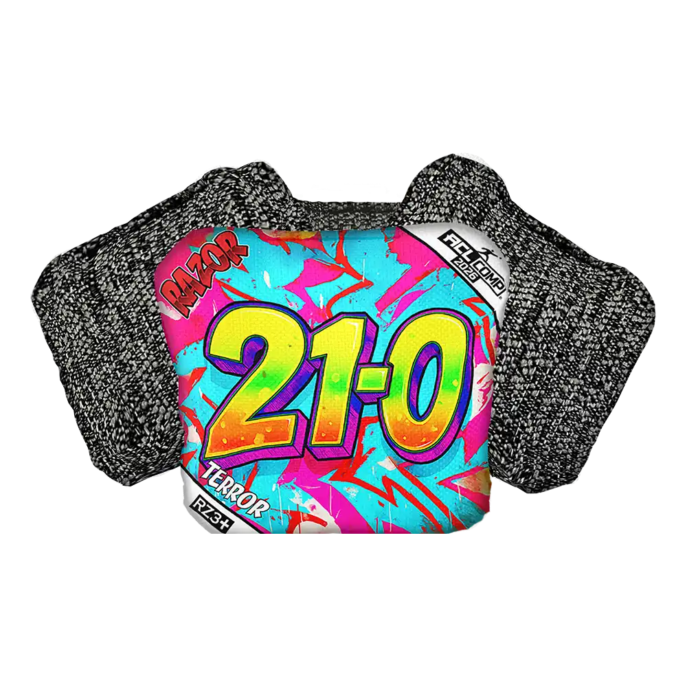 Cornhole bag with '21-0' and 'Razor' branding on a white background