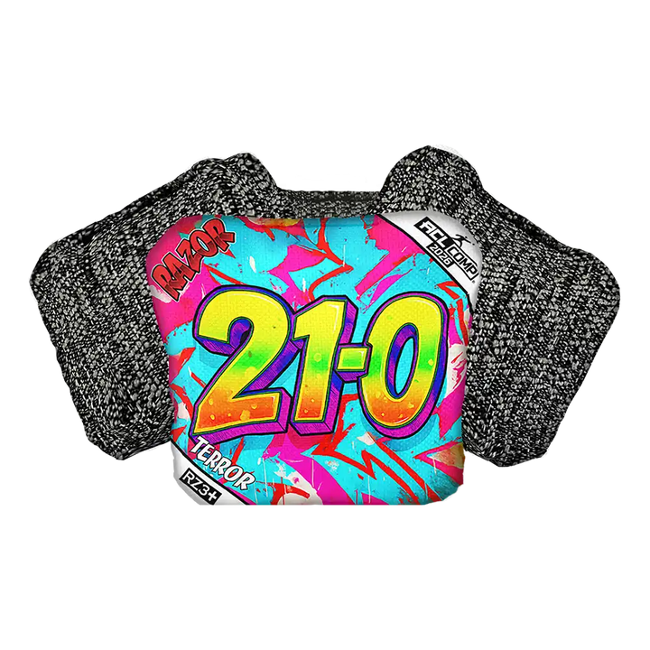 Cornhole bag with '21-0' and 'Razor' branding on a white background